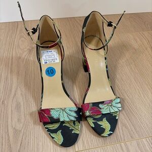 Marc Fisher Floral Brocade Block Heel Ankle Strap Sandals